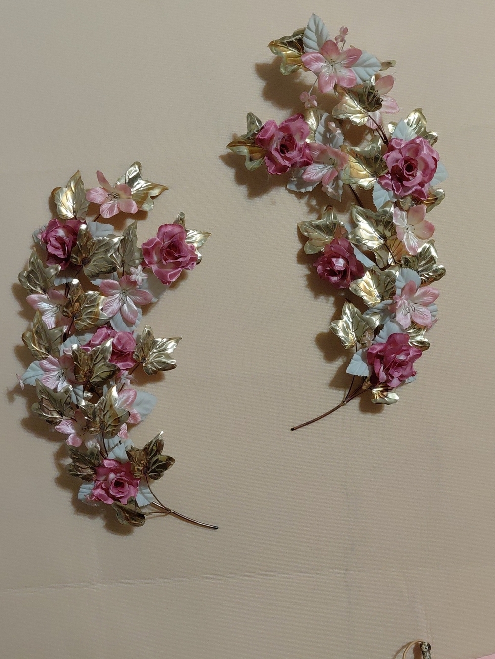 Home Interiors Pink and Gold Metal Floral Wall Sprays - Pair